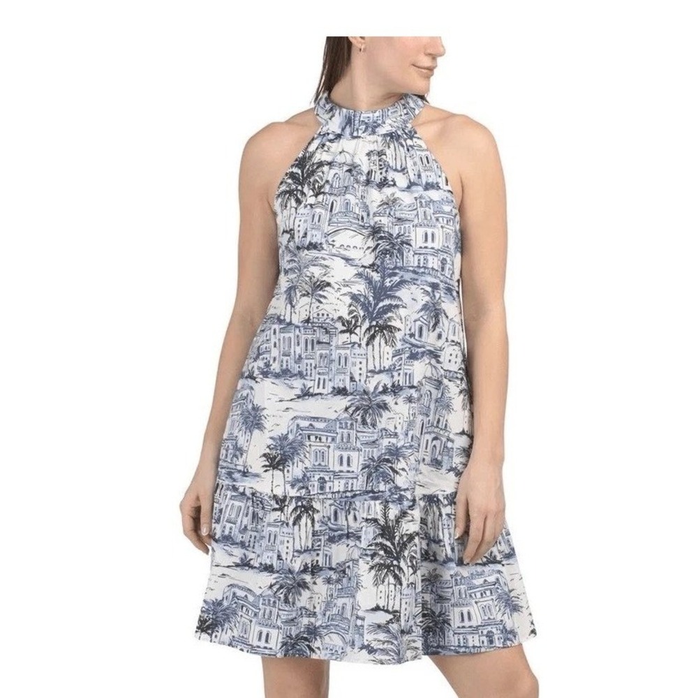 Calypso St Barth Womens XL Blue White Tropical City Toile Halter‎ Mini Dress Tie
